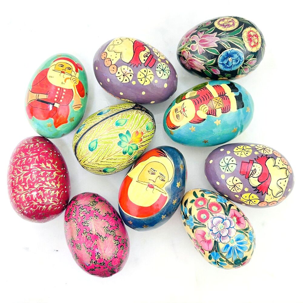 Vintage Wooden Hand Painted Eggs Christmas Santa Flowers Floral 2.5" Set of 10